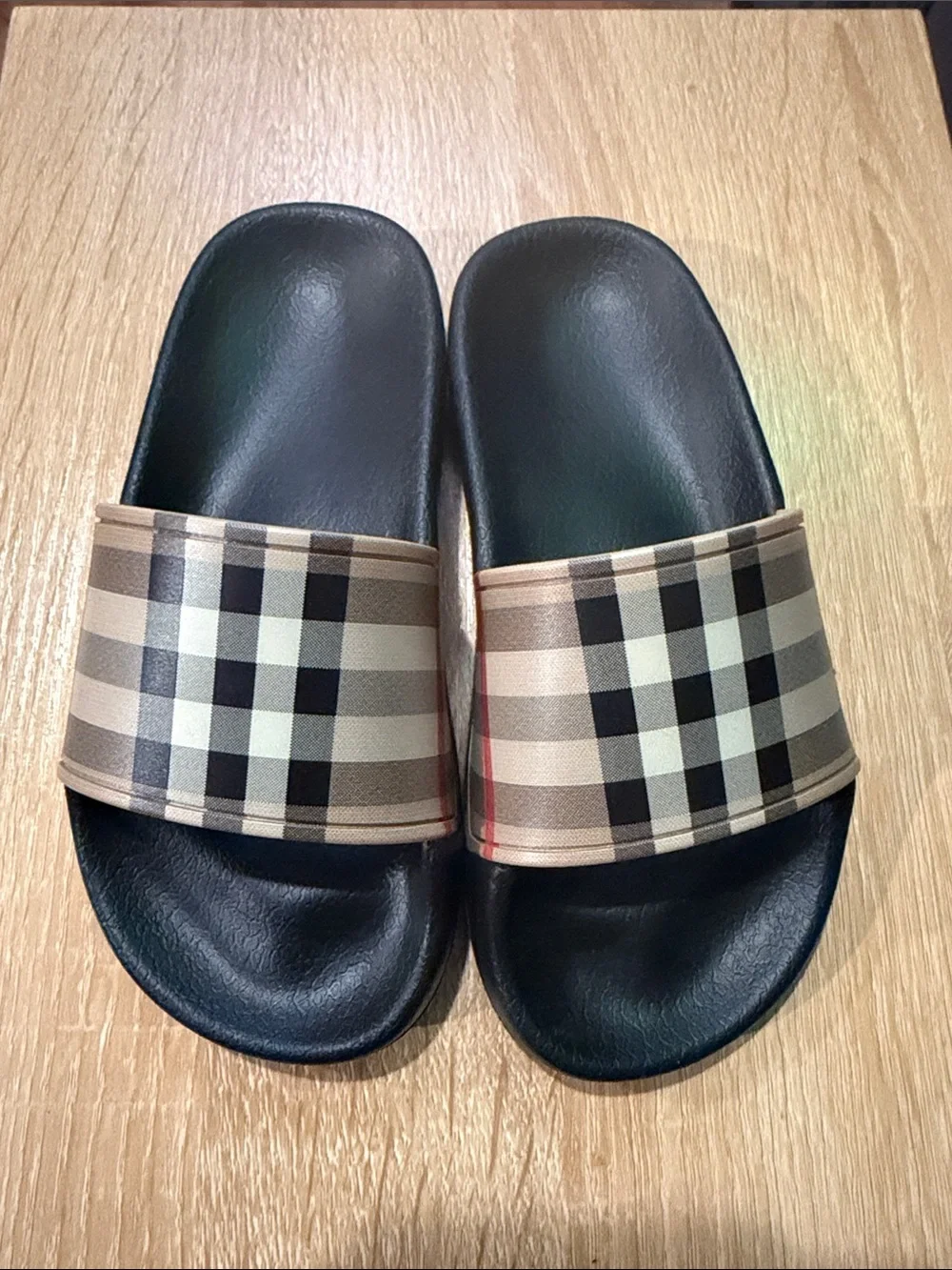 Burberry Black Slides with Signature Beige Check Strap